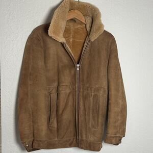 Pitkin County Dry Goods Suede Jacket Camel Brown Shearling Pockets Vintage 42